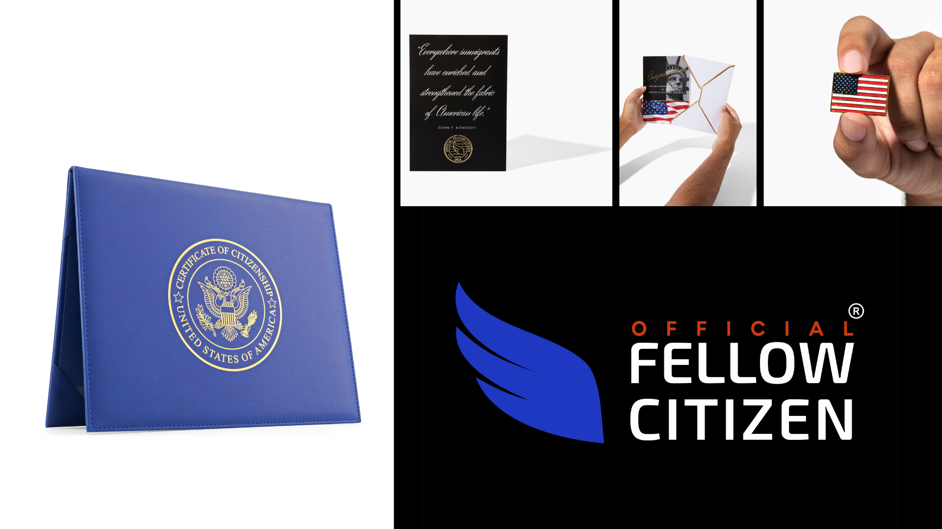 Image of What's Your American Dream story contest prizes: US Citizenship Certificate Holder, Greeting Card, Gold American Flag Lapel Pin